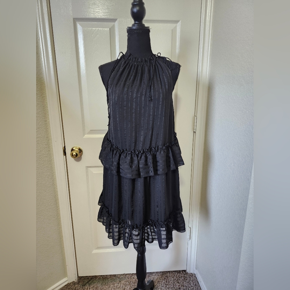 NSR Halter Black Ruffled Tiered Midi Dress S